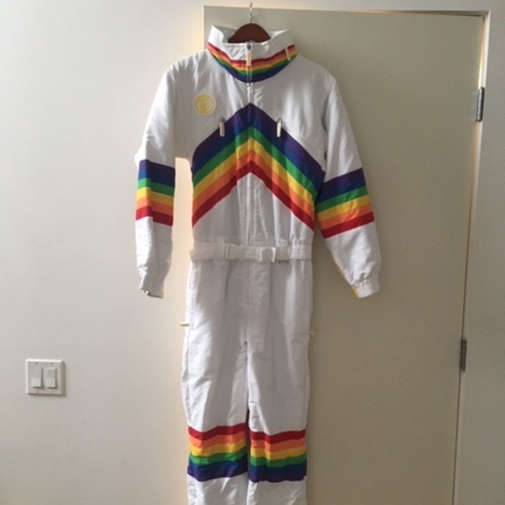 Tipsy Elves White Ski Jumpsuit with Rainbow Stripes